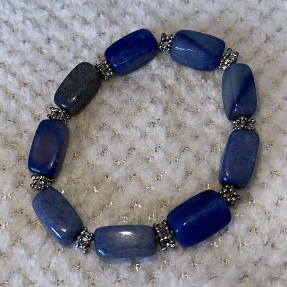 Blue Aventurine Rectangular Beaded Stretch Bracelet Silver Tone Spacers 7 in